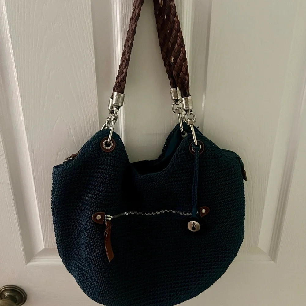 The Sak Indio Crochet Tote Blue Knit Bag Braided Faux Leather Straps - Picture 4 of 15